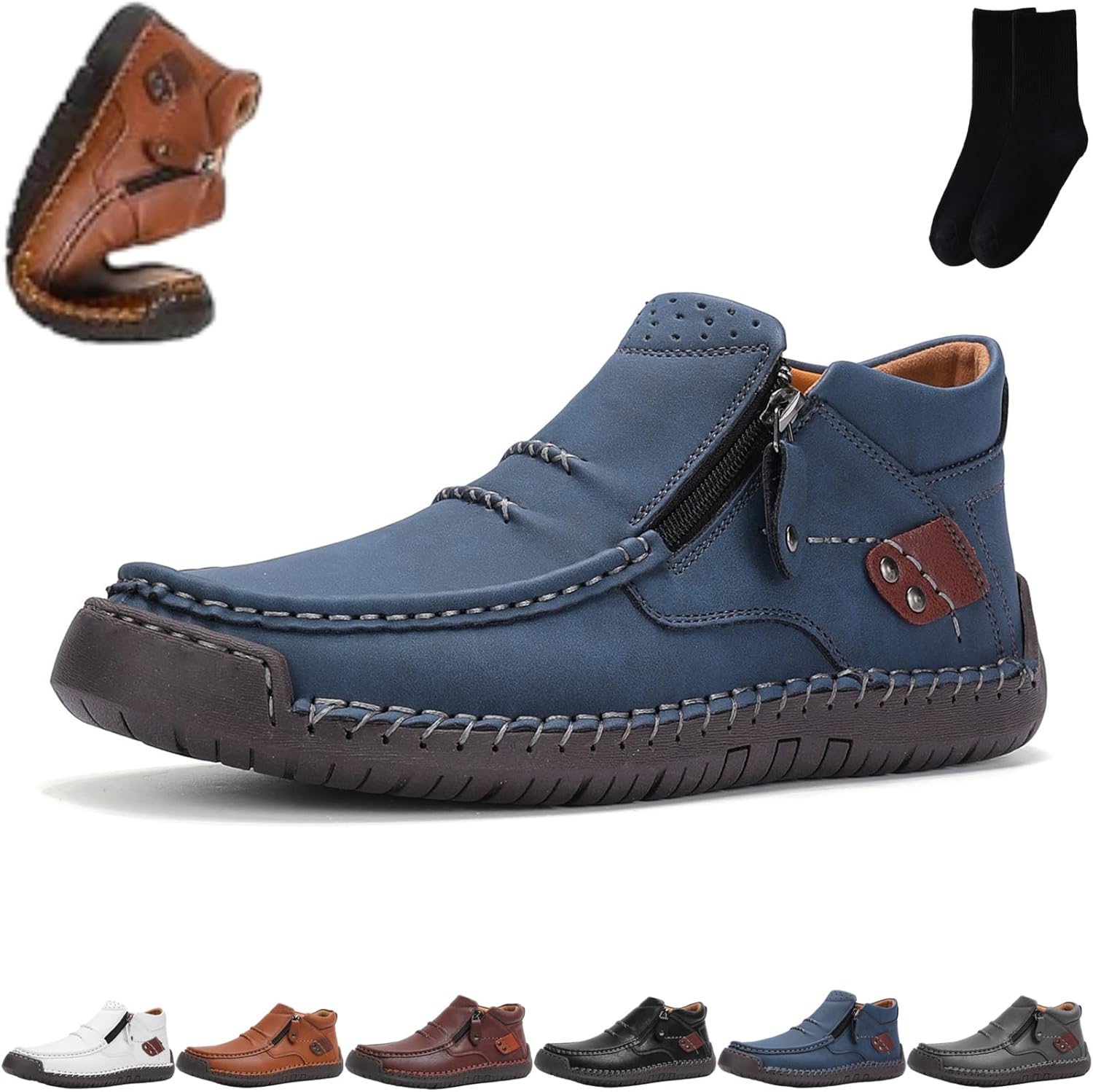 

Мужские ручной работы премиальные кожаные слипоны для вождения с боковой молнией, мужские удобные кожаные ботинки ручной работы, уличная повседневная водонепроницаемая легкая обувь на плоской подошве Xylawave, синий