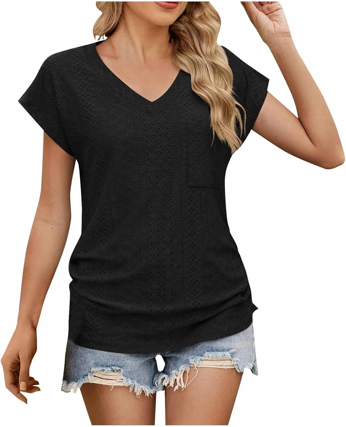 

Женская блузка с вышивкой eyelet, V-образным вырезом и коротким рукавом