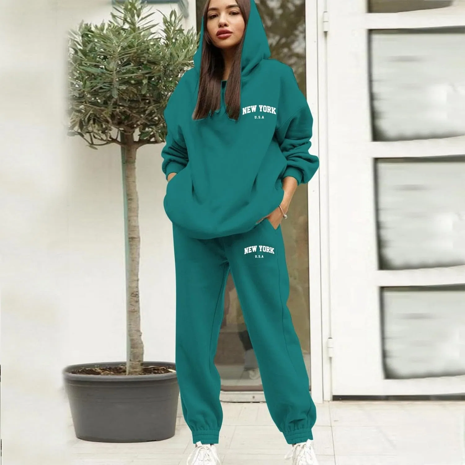 Женский спортивный костюм с капюшоном и принтом, бренд Generic, Green — фото 2