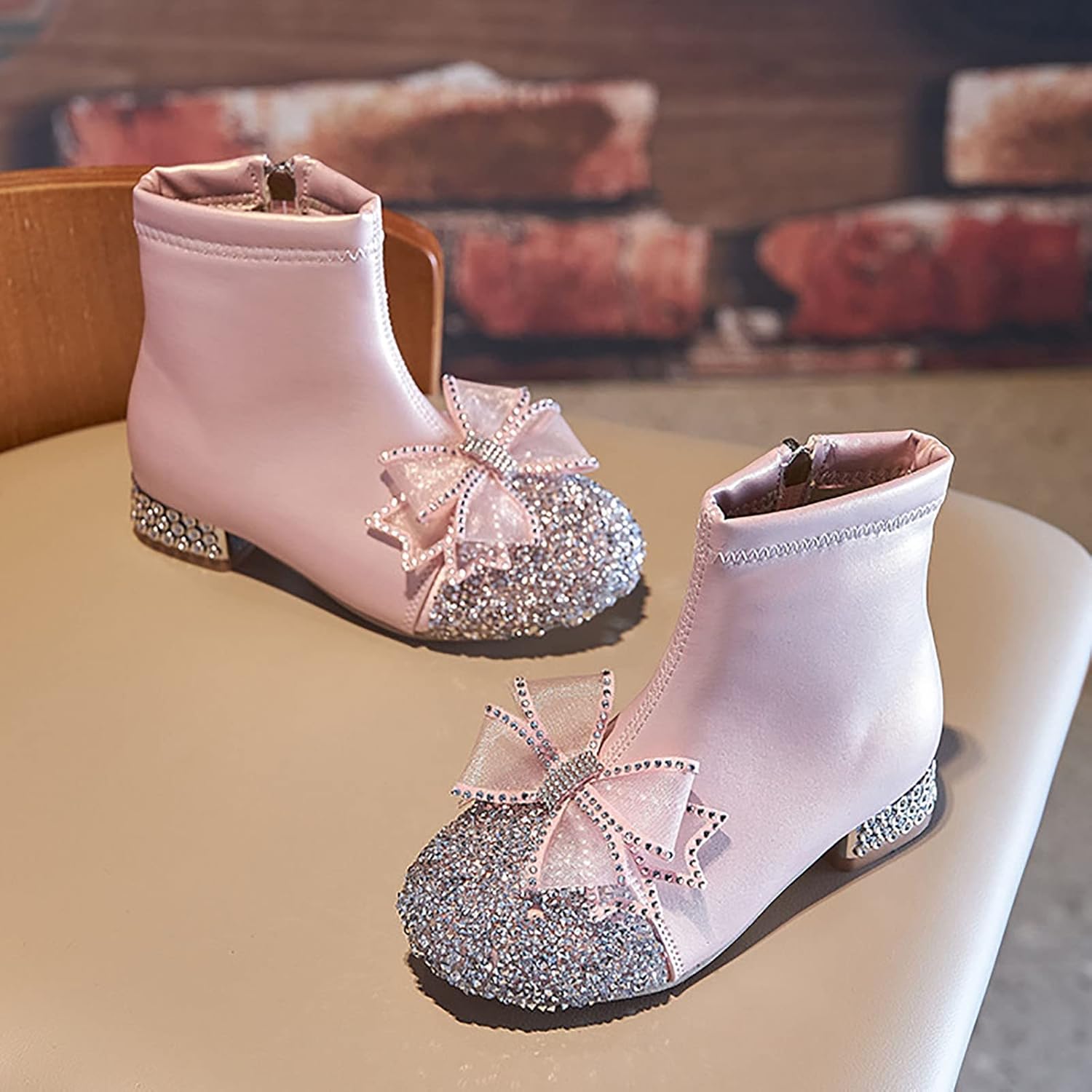 Kids Bowknot Sequin Sparkly Ankle Boots for Girls Low Heel Dress Booties 2024 Fashion Side Zipper Glitter Big Girl Shoe Generic, Pink — фото 3