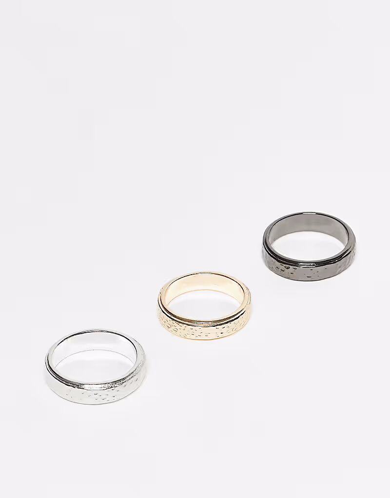 

Набор из 3 кованых текстурированных колец разных цветов Asos Design, мультиколор
