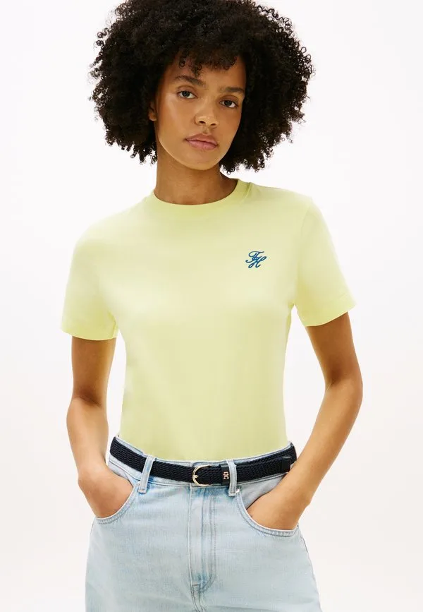 Футболка с вышитым логотипом, круглый вырез, базовая футболка Tommy Hilfiger, Faded Fluro