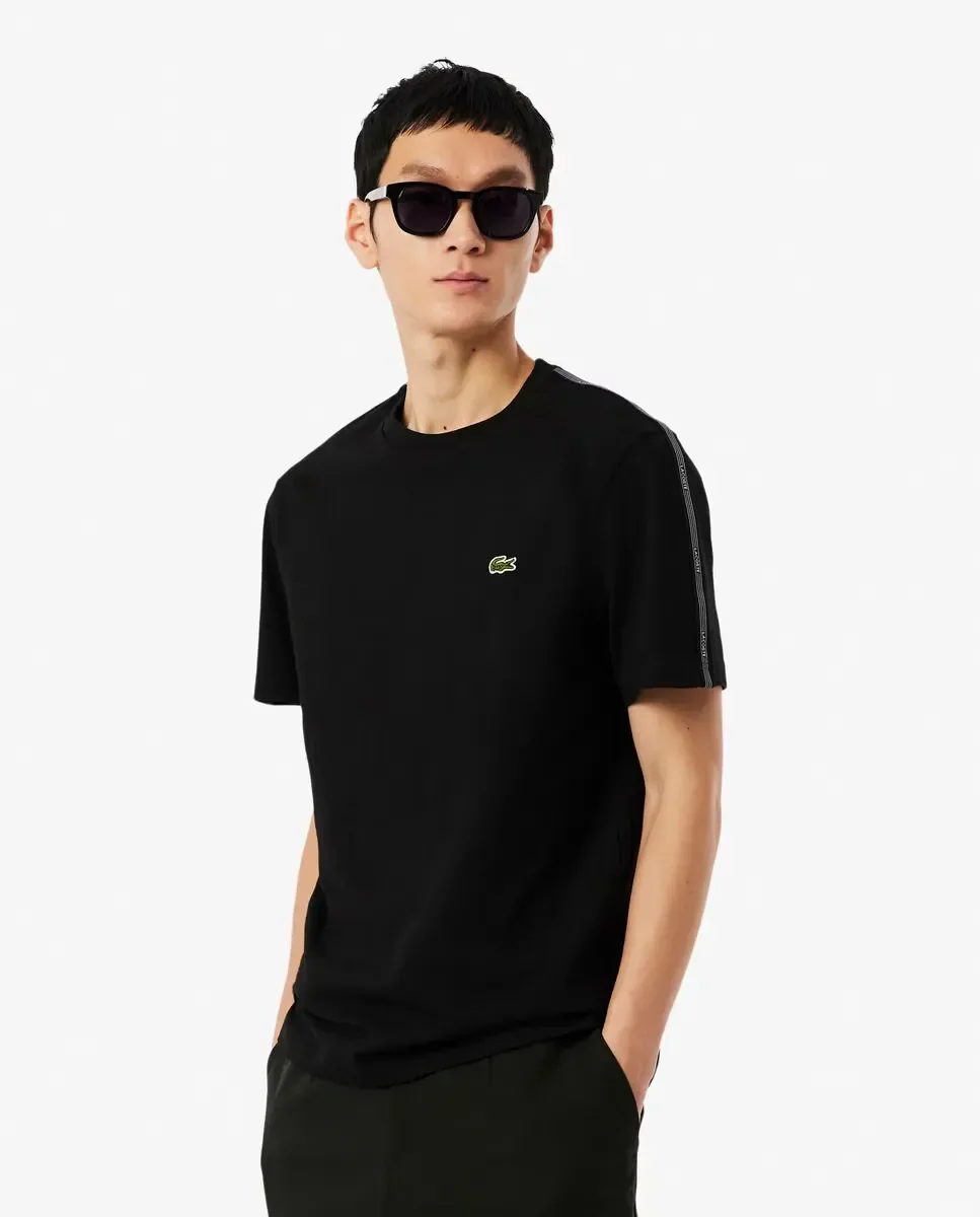 Мужская футболка с полоской бренда на белом фоне, короткий рукав, белая Lacoste, черный