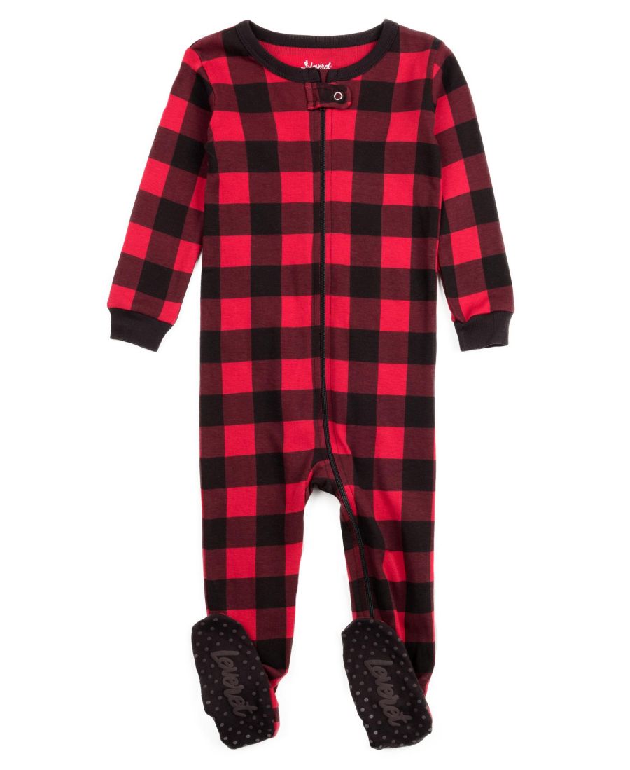 

Детская хлопковая клетчатая праздничная пижама с закрытыми ножками Leveret, Plaid black & red
