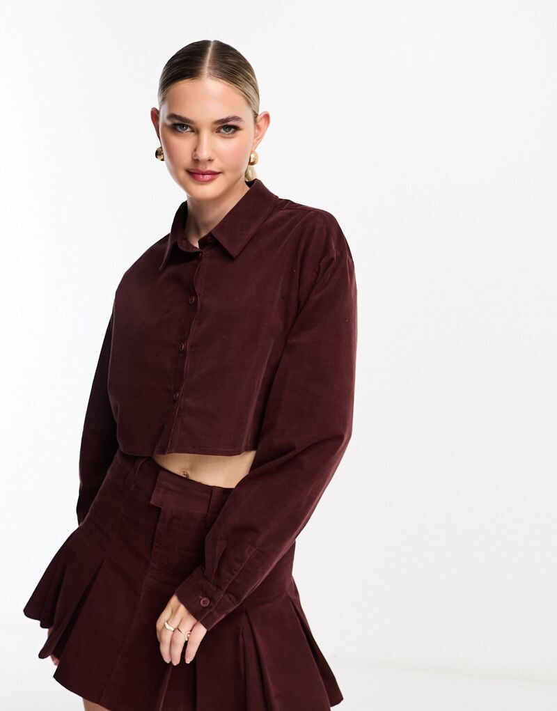 

Бордовая вельветовая укороченная рубашка ASOS DESIGN — часть комплекта
