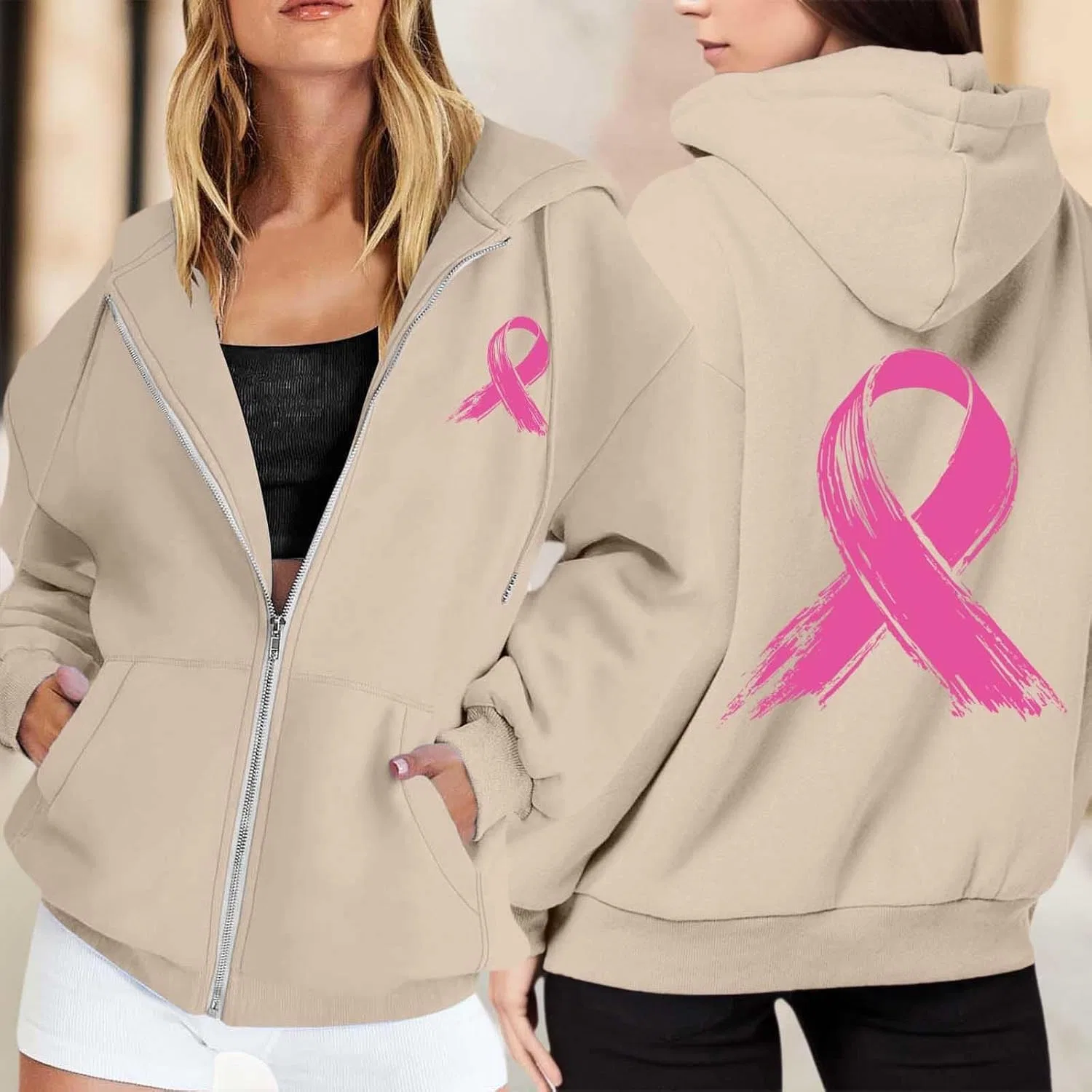 Худи женское с принтом Breast Cancer Awareness, на молнии, с карманами, Khaki 5 — фото 2
