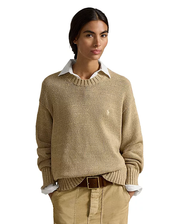 

Хлопковый свитер с круглым вырезом и логотипом Ralph Lauren, бежевый