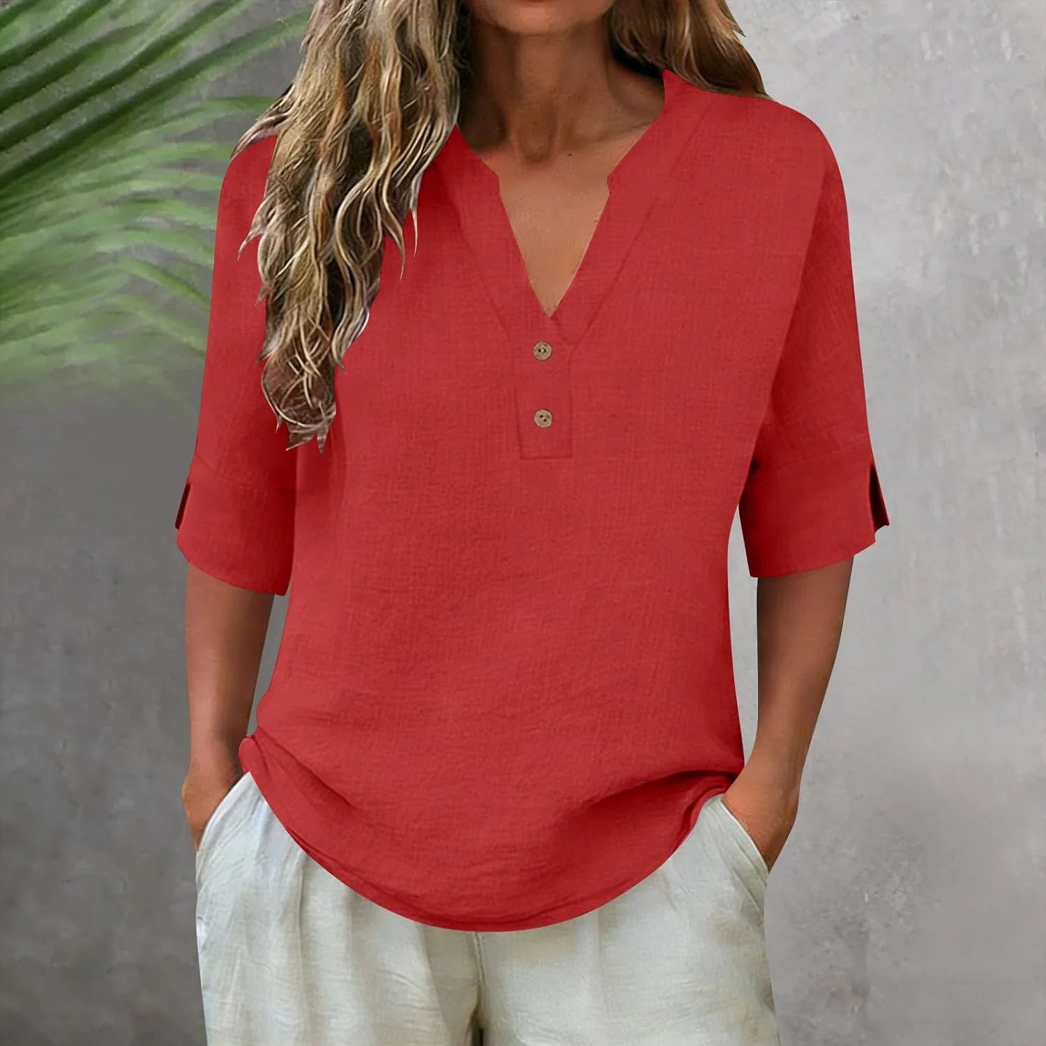 Женская блуза с V-образным вырезом, Cotton Linen, красный — фото 3