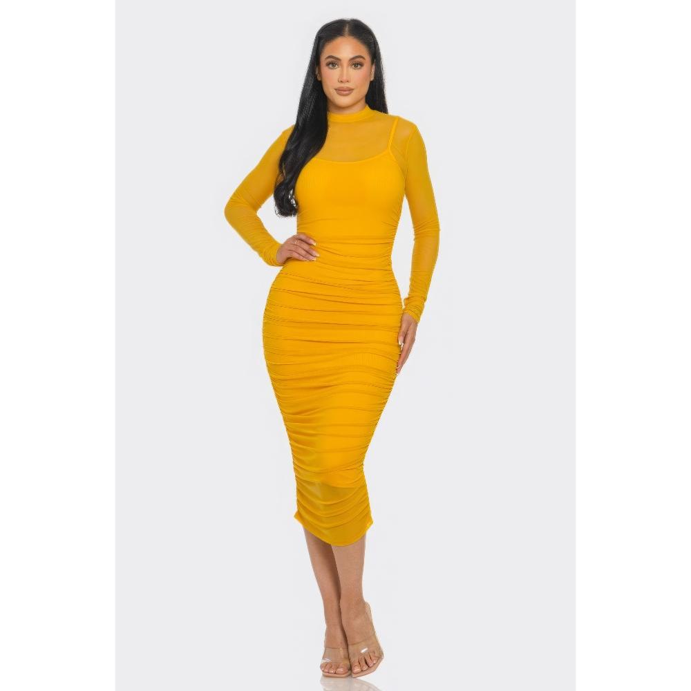 

Платье миди из цельной сетки с оборками FASHNZFAB, цвет mustard