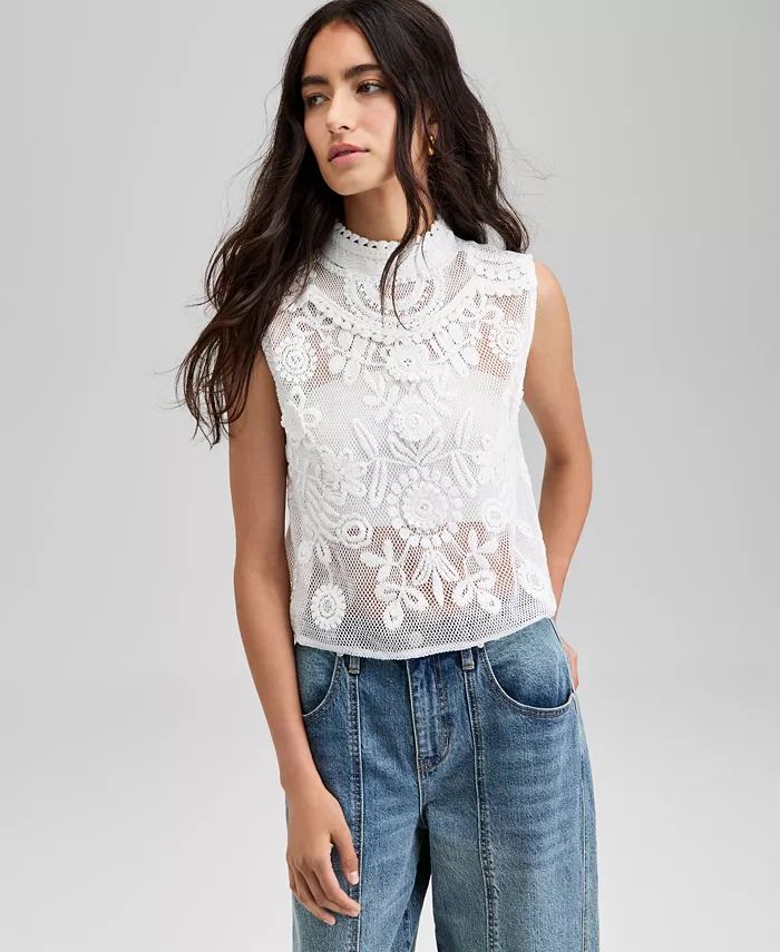 

Женский хлопковый топ без рукавов с цветочной аппликацией, P/XXS-4X And Now This, белый