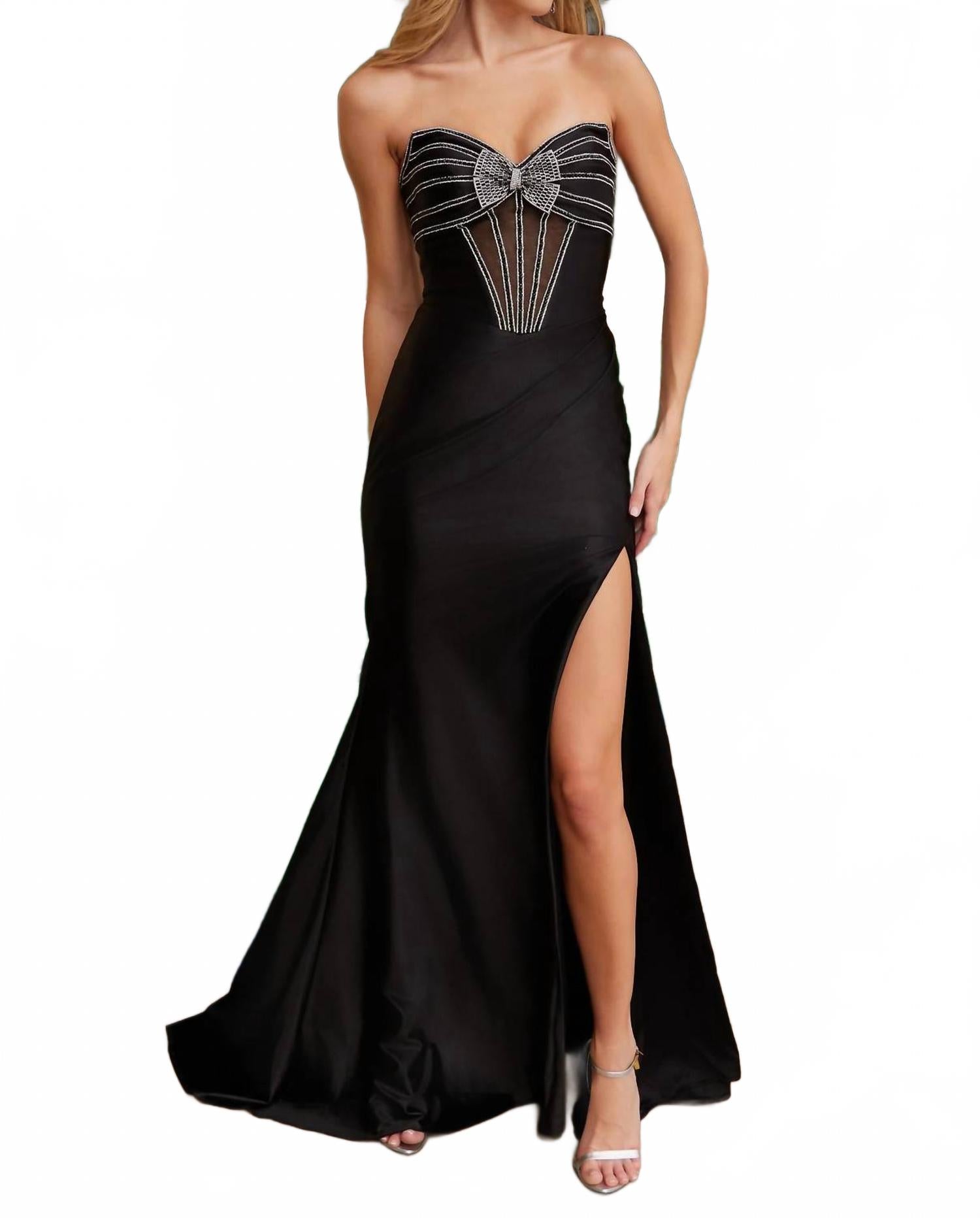 

Черное атласное платье без бретелей с разрезом и бантом Nox Anabel