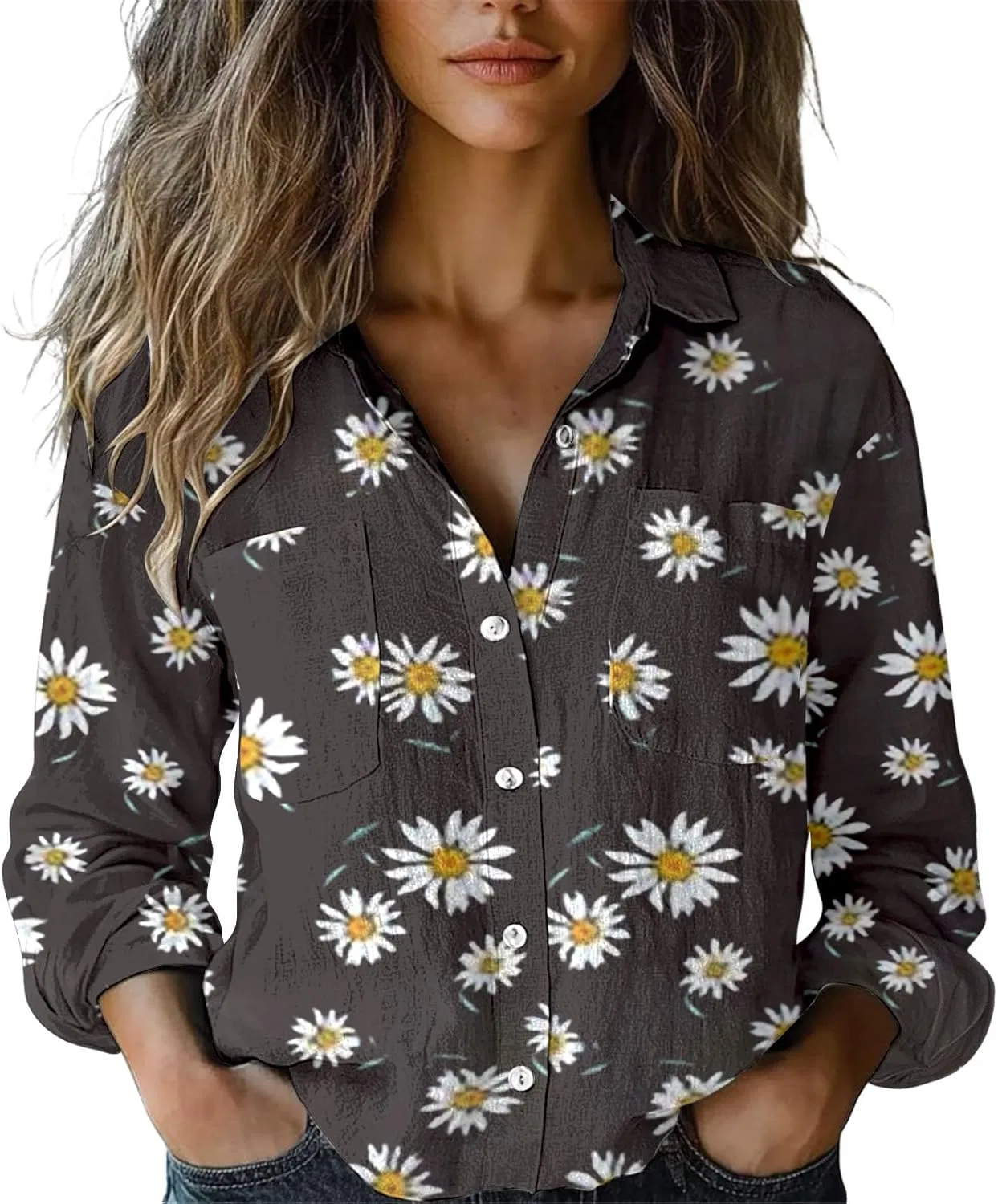 Блуза с цветочным принтом Women's Long Sleeve Printed Button Down Shirt, коричневый