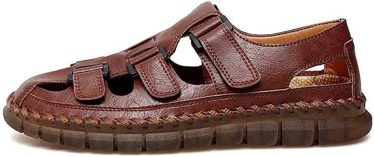 

Мужские кожаные сандалии с закрытым носком, мужские походные летние тапочки, повседневная обувь DMGYCK, коричневый