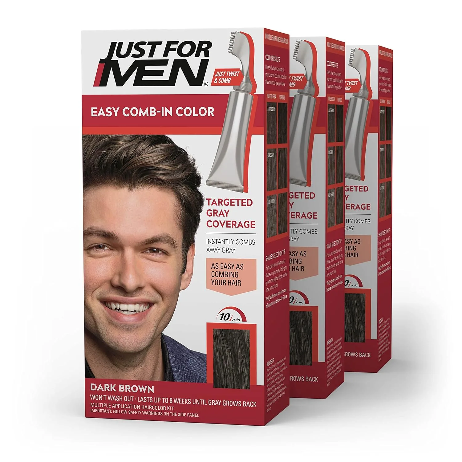 Краска для волос Just For Men Easy Comb-In Color для мужчин, легко наносится без смешивания, с помощью аппликатора-расчески - темно-коричневый, A-45, упаковка из 3 штук. 1 шт. (3 шт.), Dark Brown A-45