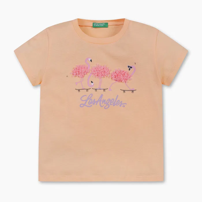 Детская футболка с вышивкой кораллового цвета от Benetton Kids