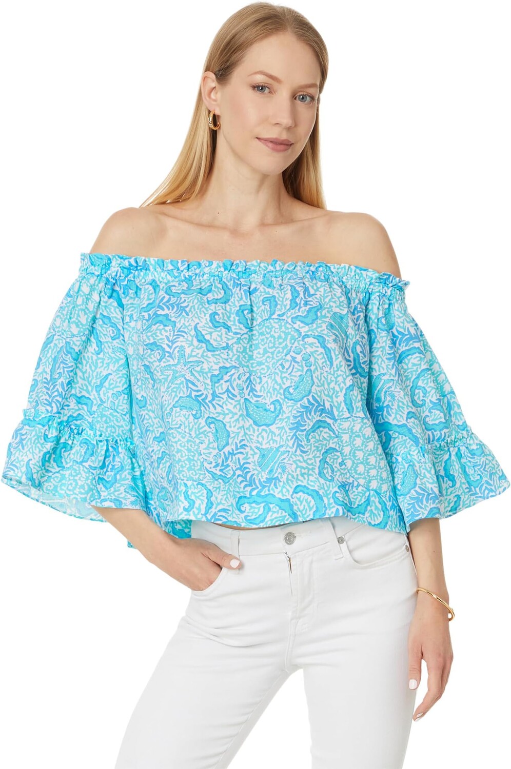 

Топ Lilly Pulitzer Croix Off-the-Shoulder Linen Top, цвет Resort White Goombay Grooves