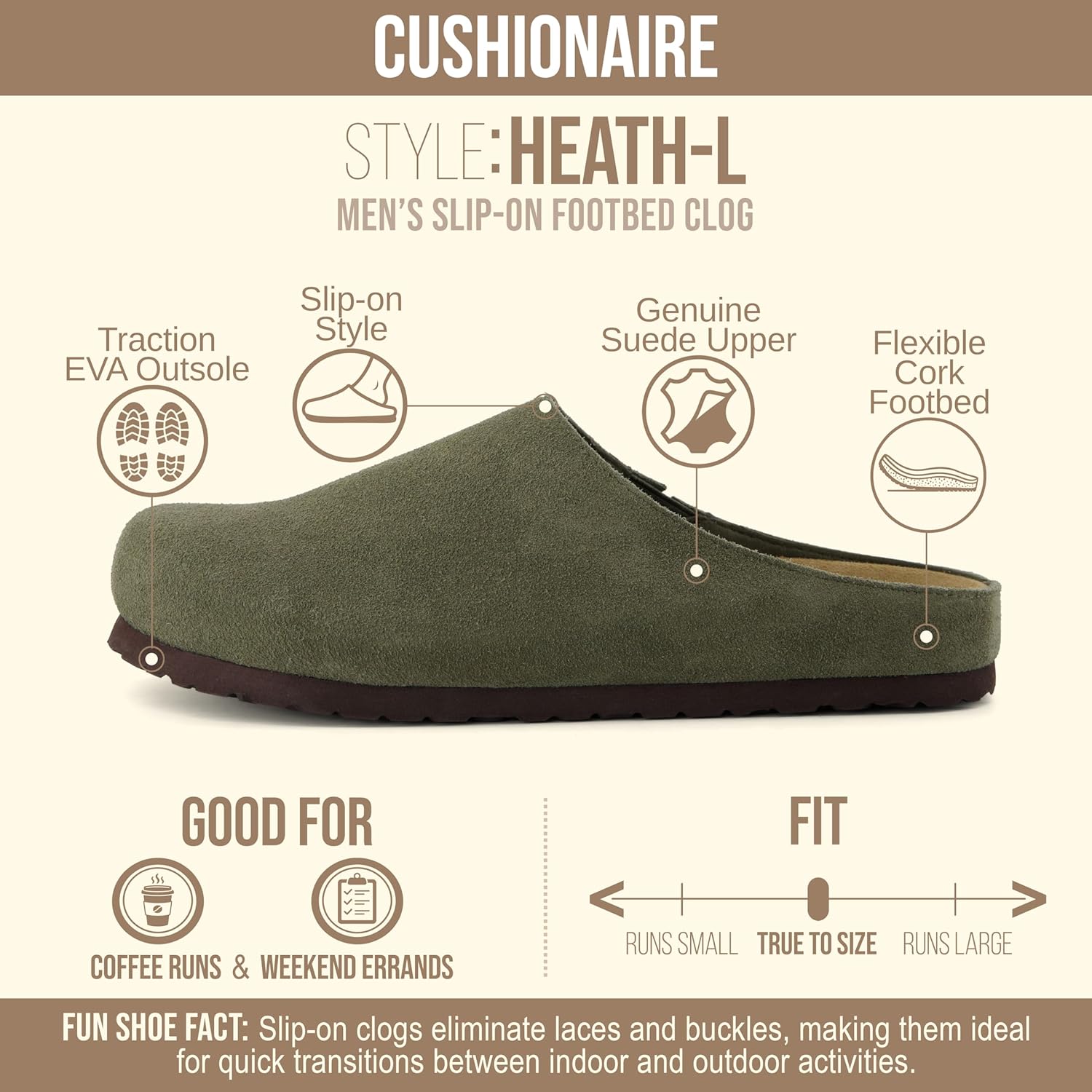 Мужские сабо CUSHIONAIRE Heath из настоящей замши с амортизирующей стелькой из пены памяти, удобные шлепанцы на легкое надевание, Olive — фото 2