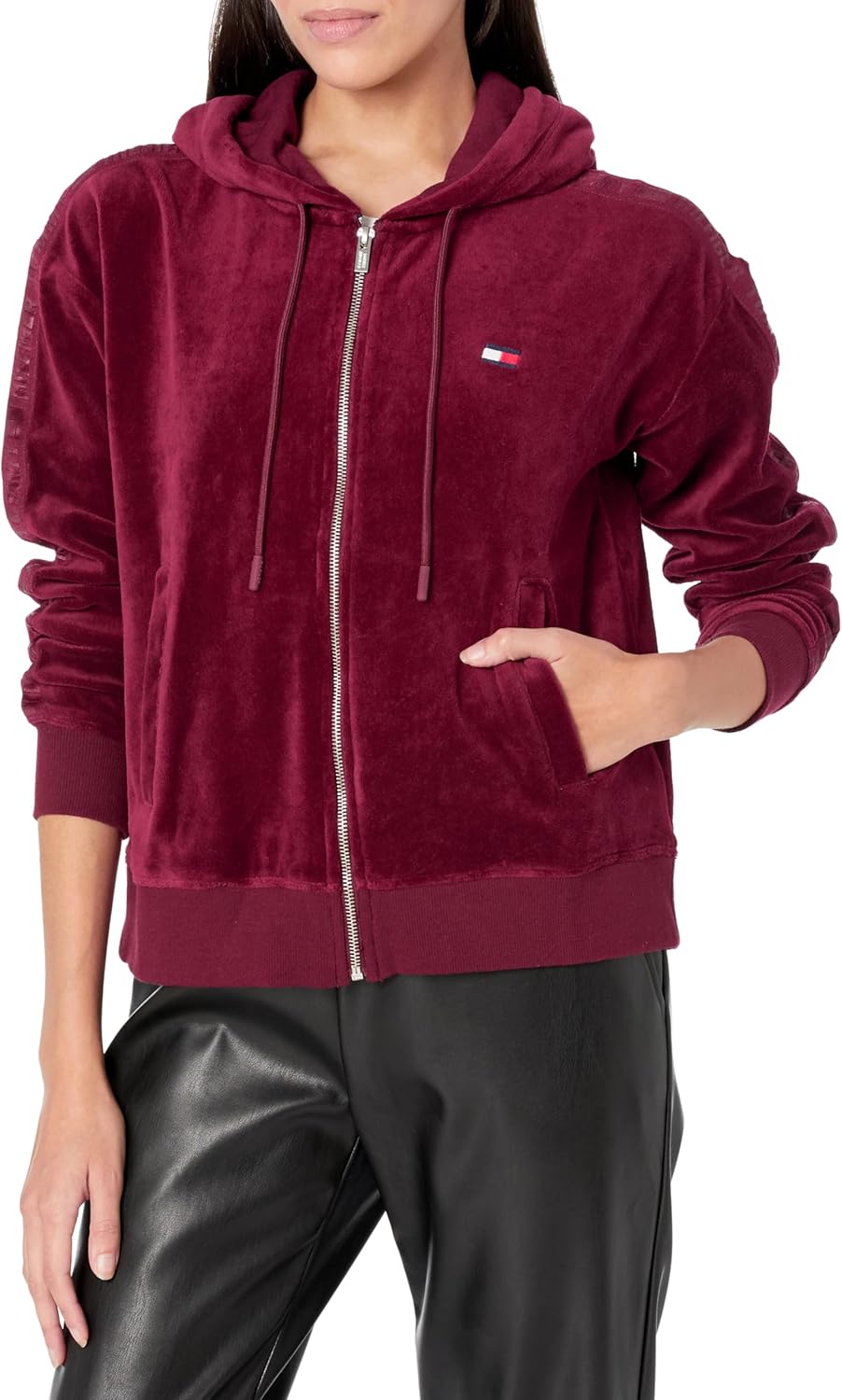 

Женская велюровая толстовка с капюшоном на молнии от Tommy Hilfiger, Beet Red