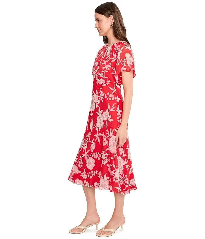 Платье миди с цветочным принтом Floral Chiffon Flutter Sleeve Midi Calvin Klein, Ginger Multi — фото 3