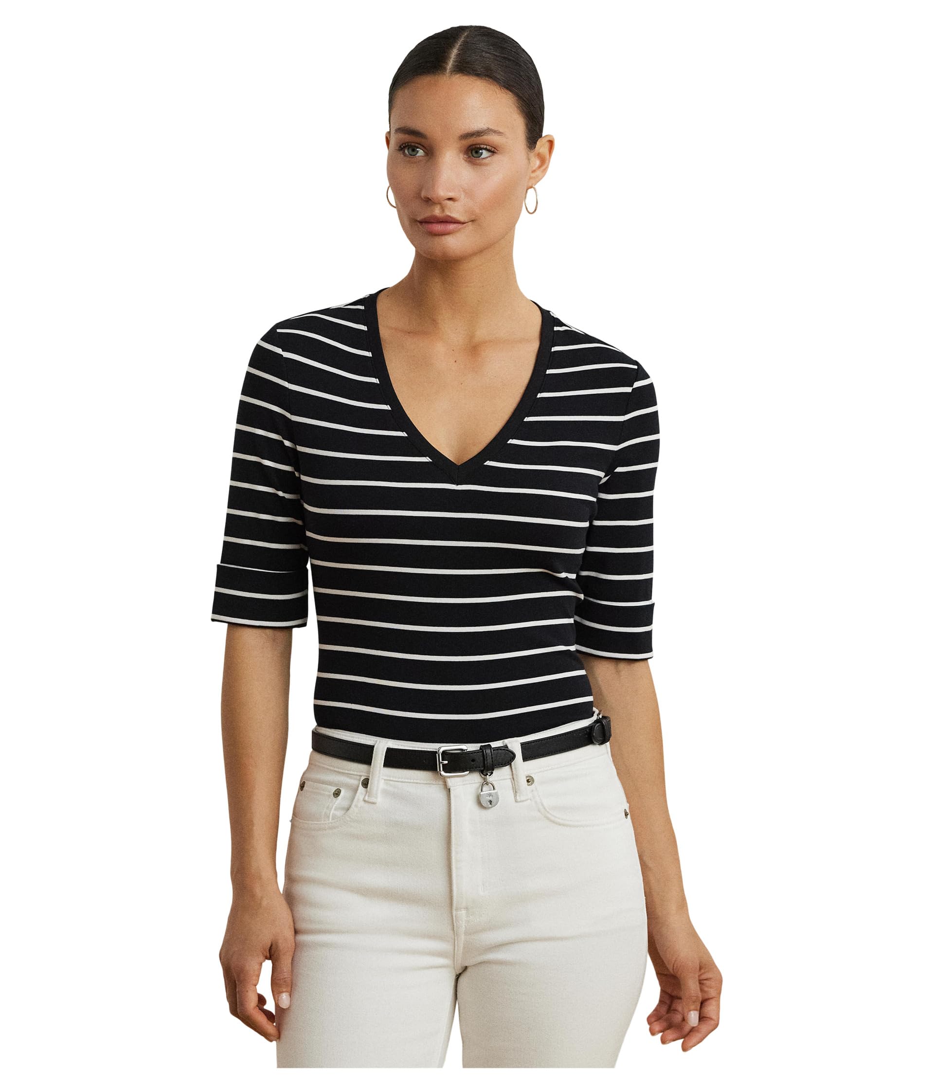 

Футболка Lauren Ralph Lauren Petite Striped Cotton Elbow-Sleeve V-Neck Tee, черный/белый