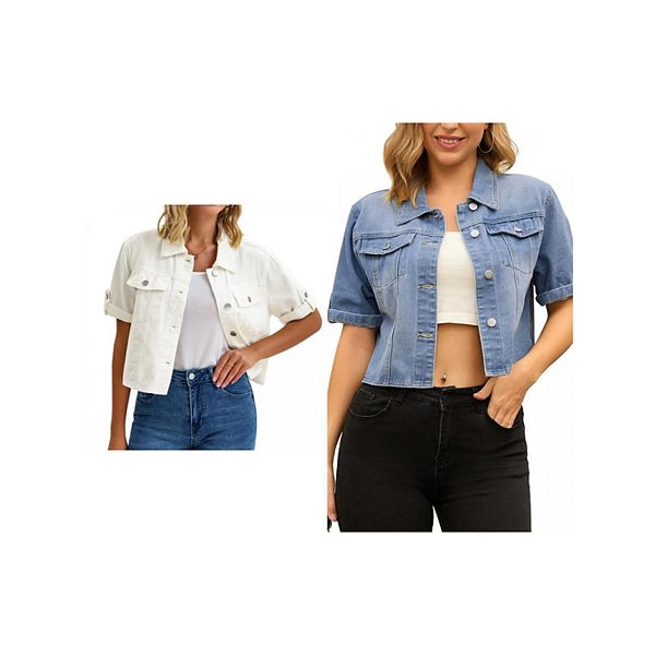 

2 упаковки женских джинсовых курток с отложным воротником и коротким рукавом Inspire Chic, Light Blue White