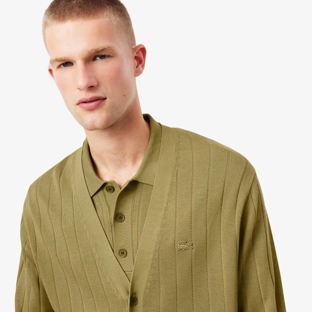 Мужской хлопковый кардиган в рубчик хаки от Lacoste — фото 2