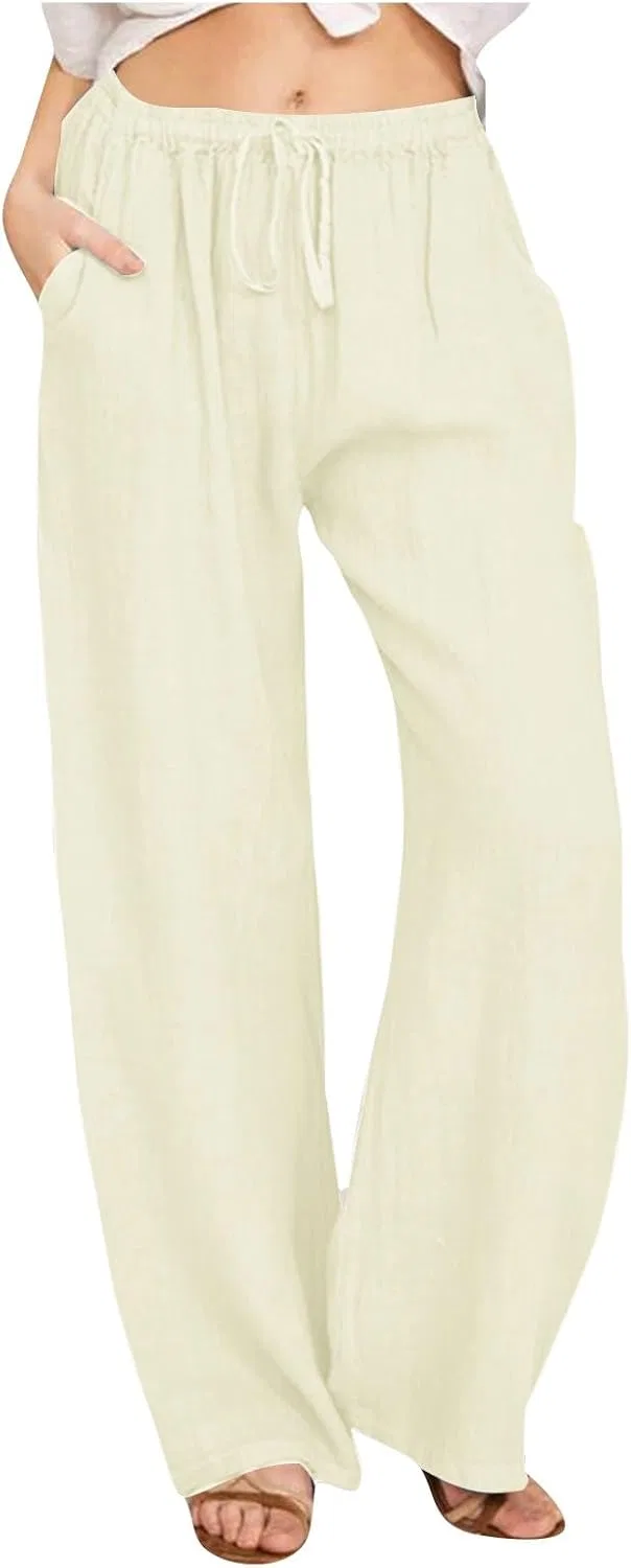 Женские брюки из льна и хлопка, широкие, с завязкой, Beige