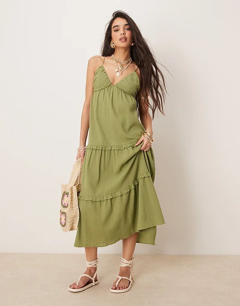 

Платье мидакси ASOS DESIGN с жатым лифом на бретелях оливкового цвета