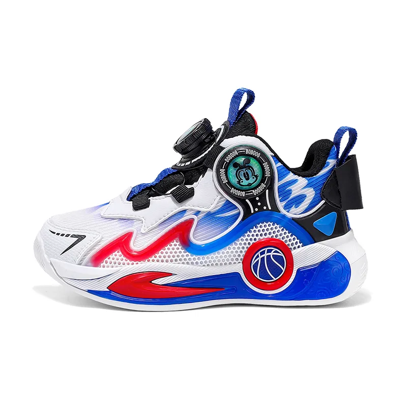 Детские баскетбольные кроссовки mid-top из искусственной кожи BOBDOG, TBK933A-Dark Blue Red[Dual Network Breathable]
