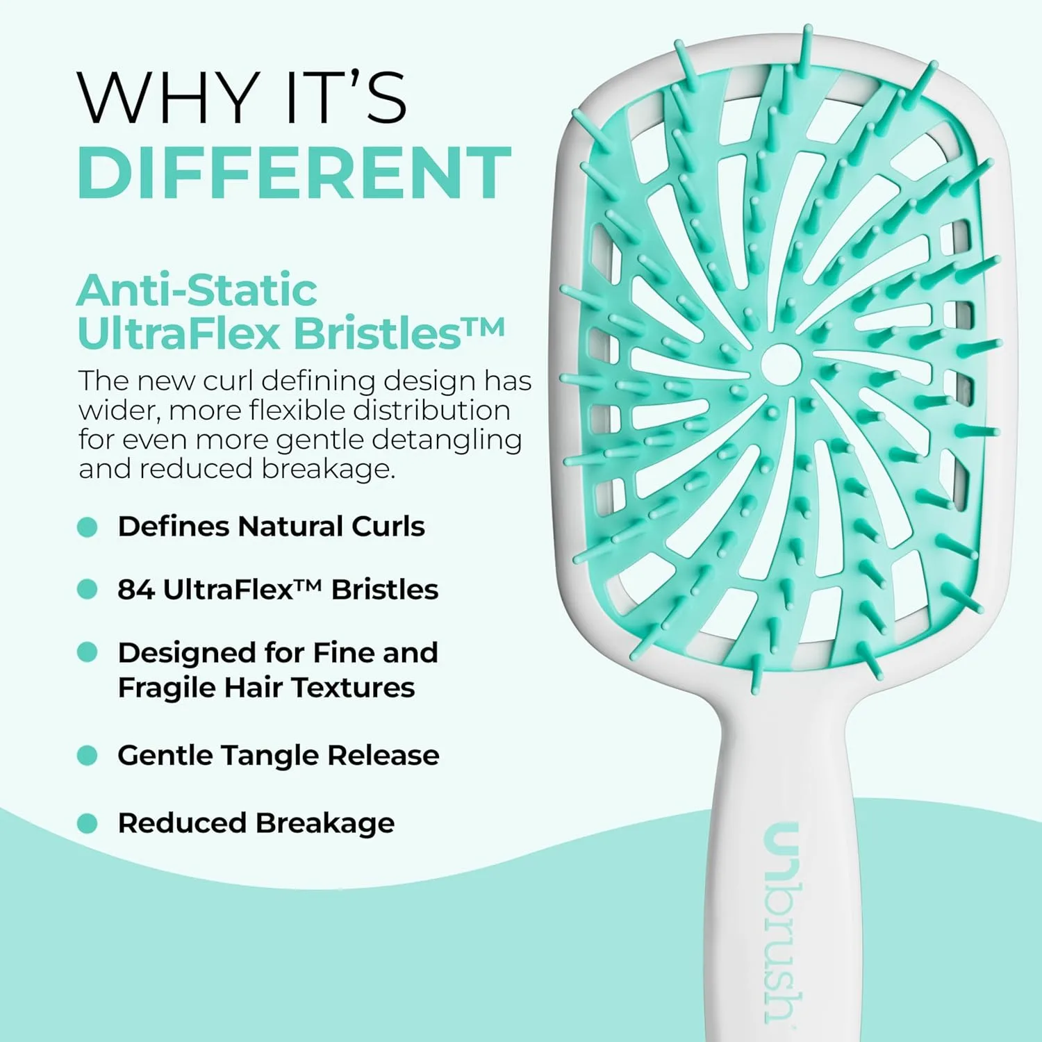 FHI Heat UNbrush Plus - щетка для вьющихся волос для бережного и эффективного расчесывания влажных или сухих ломких волос - расческа с 84 гибкими щетинками, ультралегкая, вентилируемая, антистатическая, Mint Swirl — фото 3