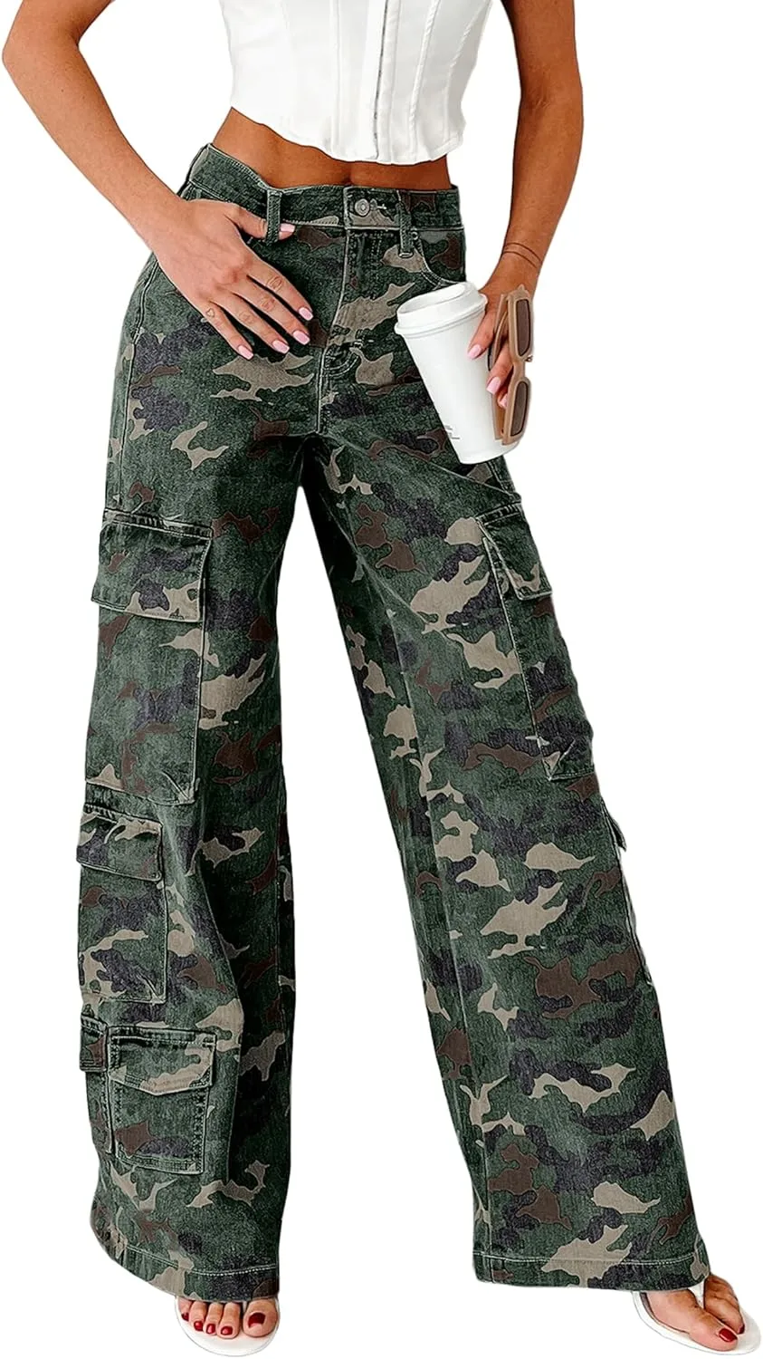 

Apvirdy женские камуфляжные карго-штаны с высокой талией и широкими штанинами