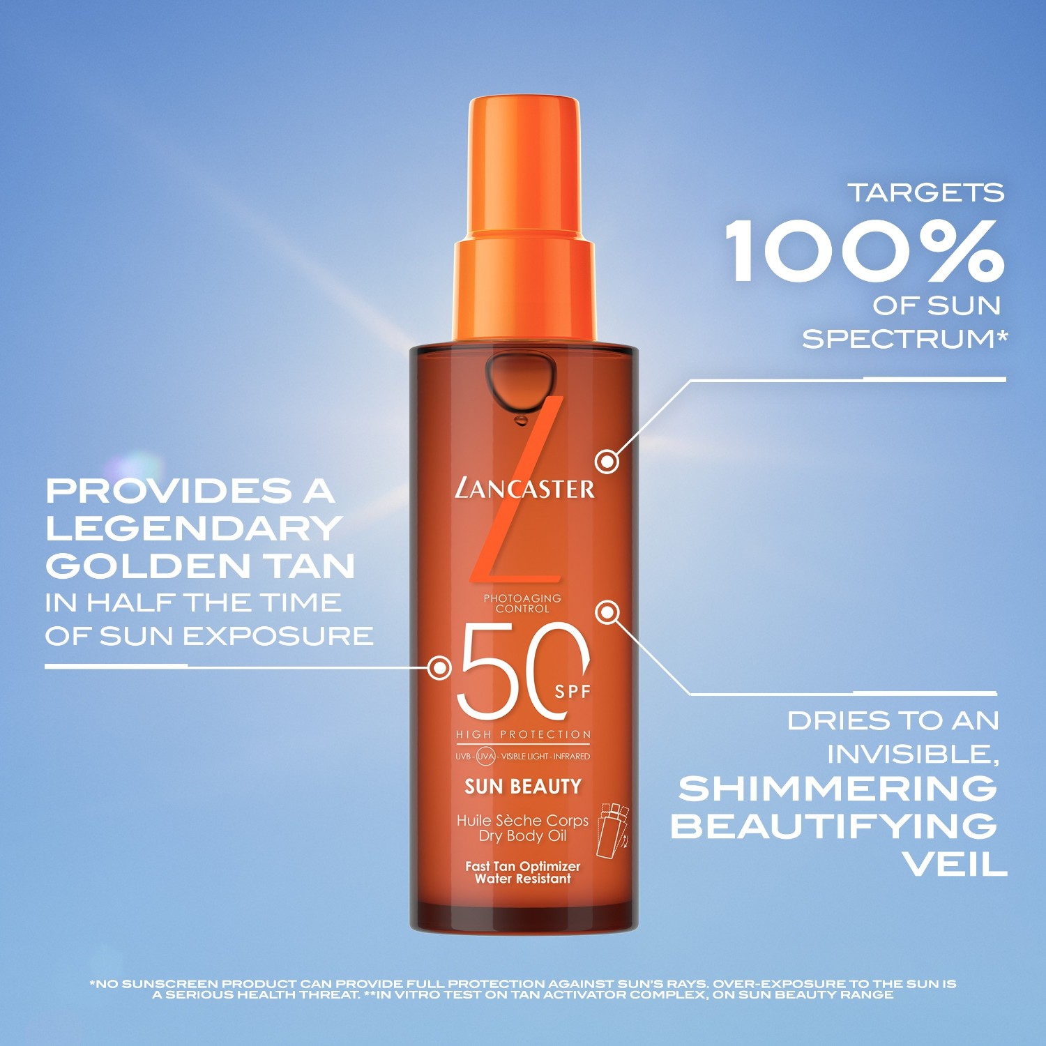 Солнцезащитный крем sun beauty spf50 dry body oil Lancaster, объем 150 мл — фото 2