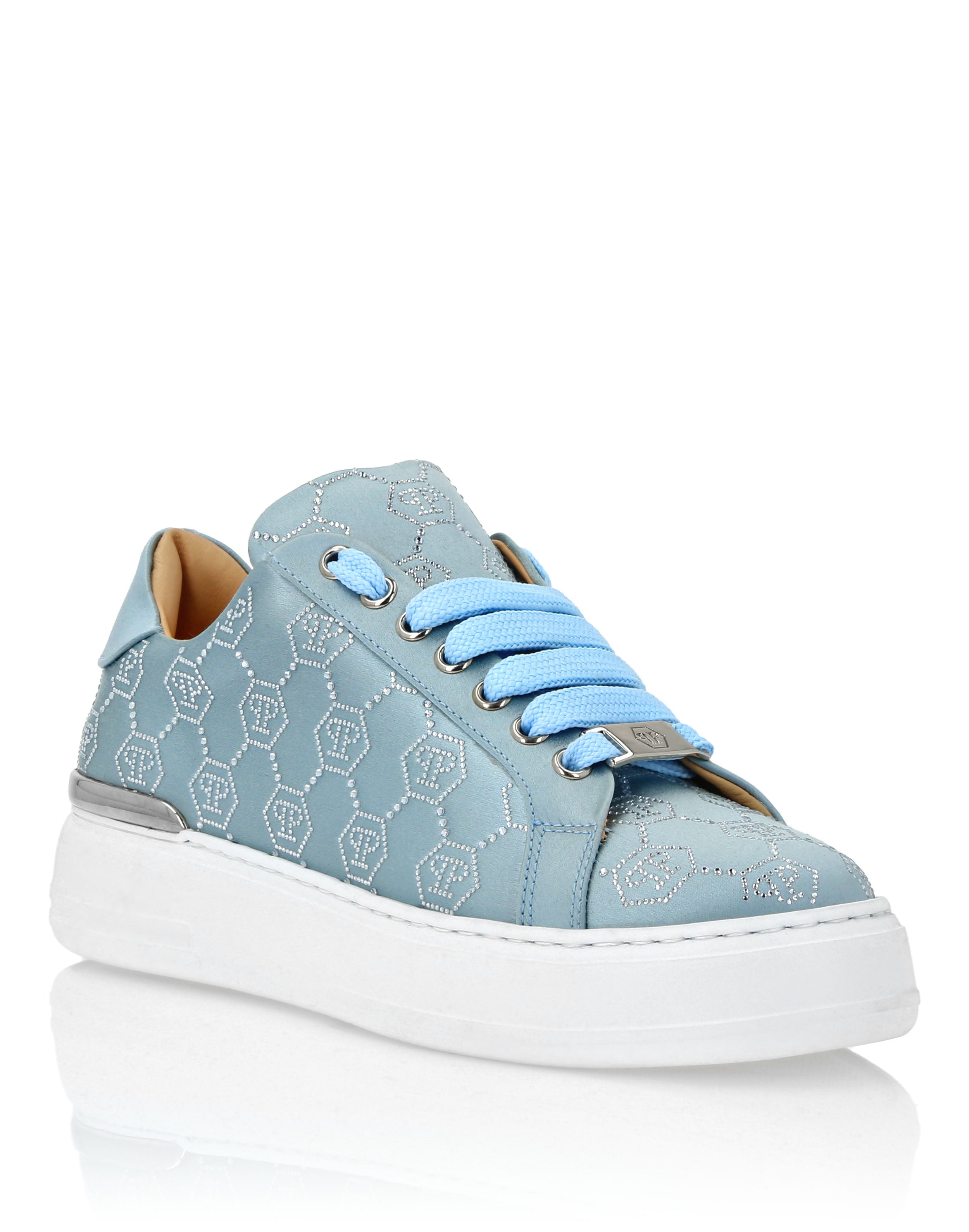 Сатиновые кроссовки Monogram Strass на шнуровке PHILIPP PLEIN, синий