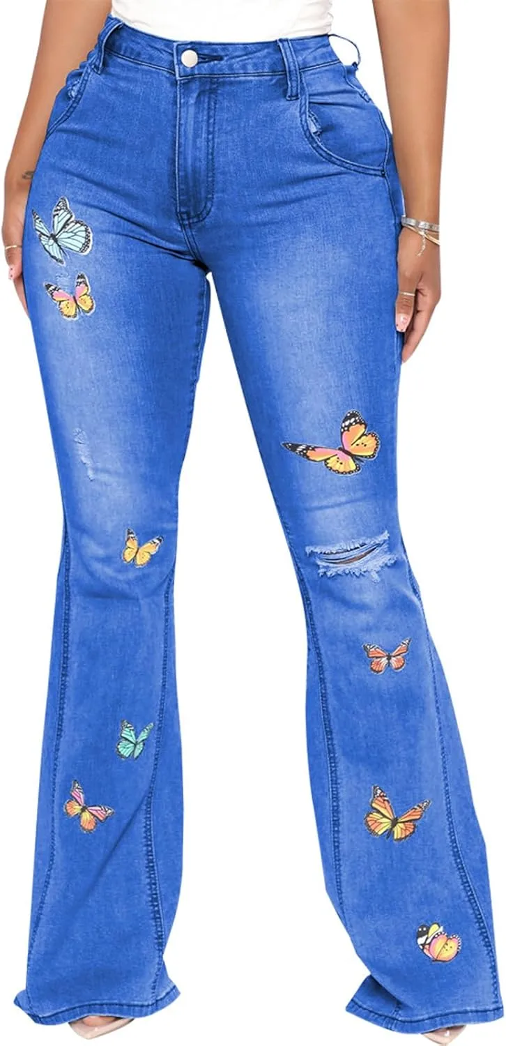 

Женские джинсы Butterfly Bell Bottom с высокой талией, эластичные, с вышивкой и классическим клешем PaladMom