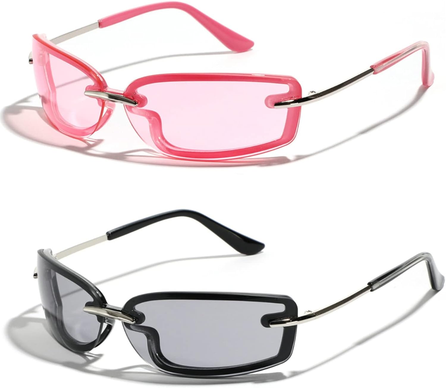 

Солнцезащитные очки Willochra One Piece без оправы в стиле Y2K для женщин, модные серебристые зеркальные солнцезащитные очки для мужчин, хип-хоп панк-очки из сплава, 2pcs-black&pink