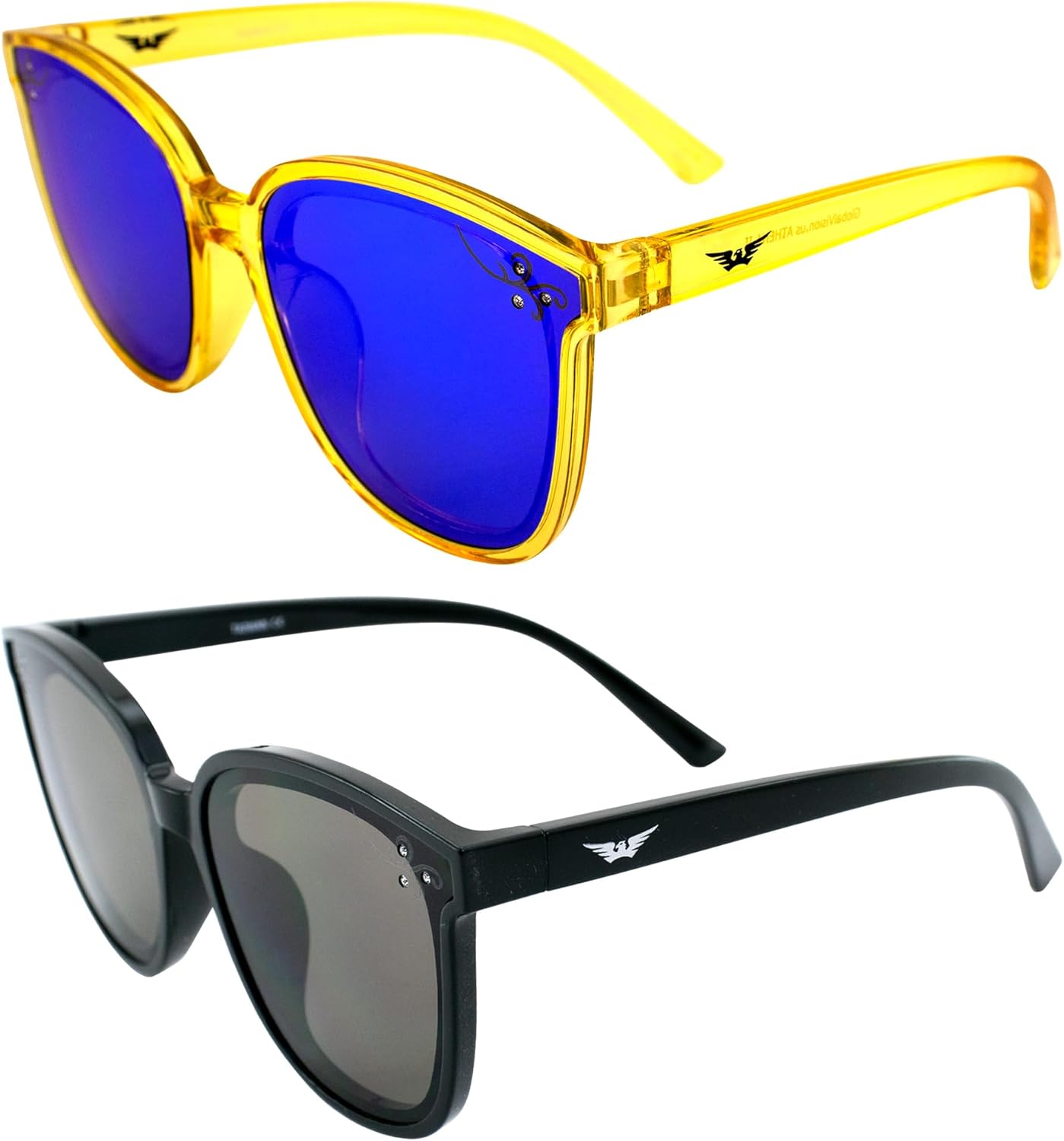 

Солнцезащитные очки Global Vision Eyewear Athena II Fashion для женщин, 2 пары: ярко-желтые с синими зеркальными линзами и черные с дымчатыми линзами, Yellow-blue/Black-smoke