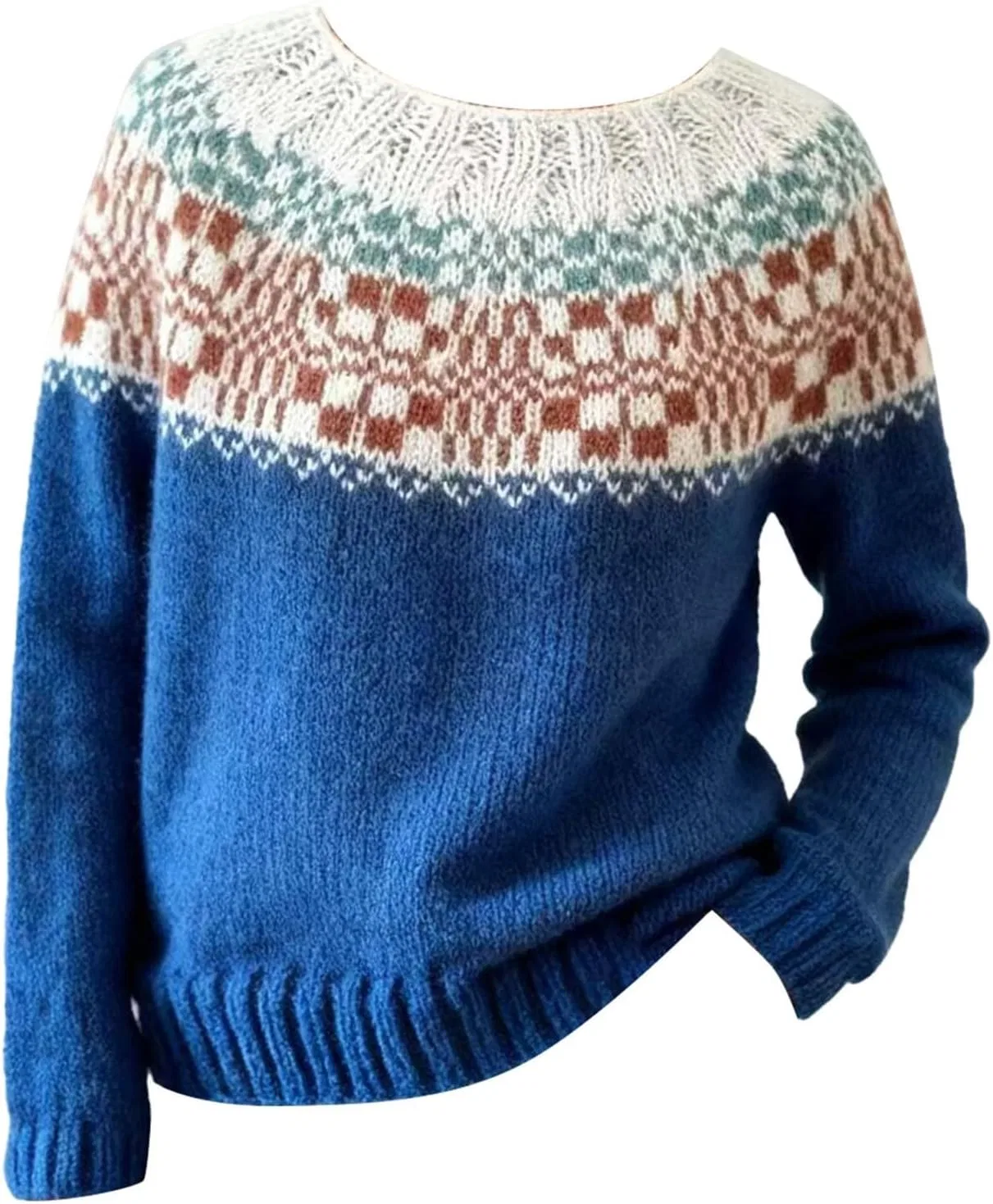 Женский вязаный уютный свитер с круглым вырезом в стиле Fair Isle, винтажный, милый, теплый и комфортный, осенне-зимний, свободного кроя — фото 2