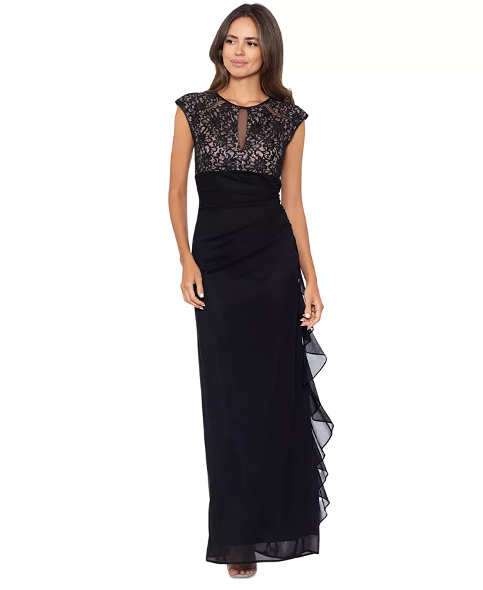 

Платье с кружевными вырезами Lace Cutout-Top Gown B&A By Betsy and Adam, коричневый/бежевый