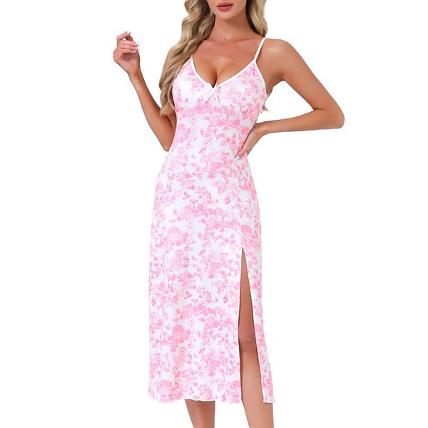 

Женская ночная сорочка-ками с цветочным принтом, разрезом по центру, V-образным вырезом и тонкими бретелями Inspire Chic, White Pink Floral