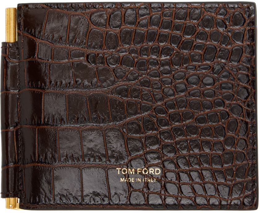 

Коричневый кошелек-зажим для денег с принтом крокодила TOM FORD