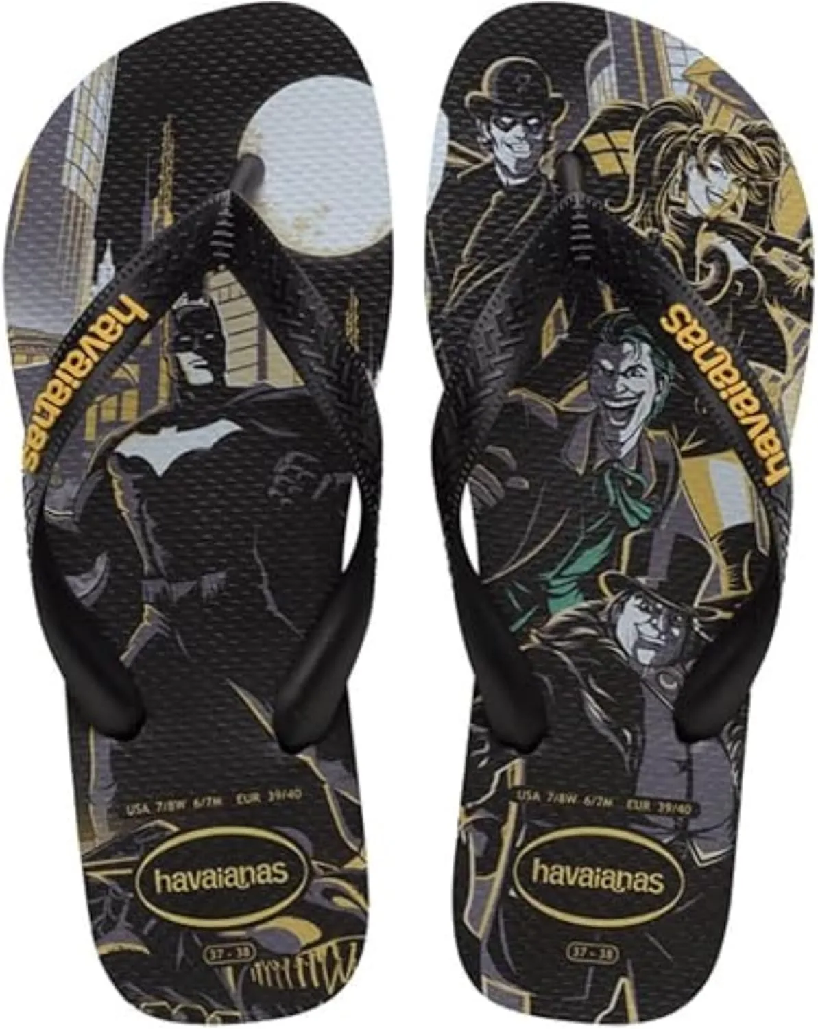 Havaianas - Top Heroes DC, удобные, прочные и легкие шлепанцы с подошвами в стиле героев и злодеев, взрослые размеры, черный/желтый