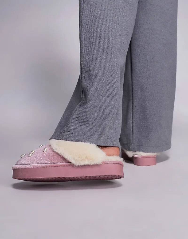 Бархатные тапочки River Island с подкладкой из искусственного меха светло-розового цвета — фото 4