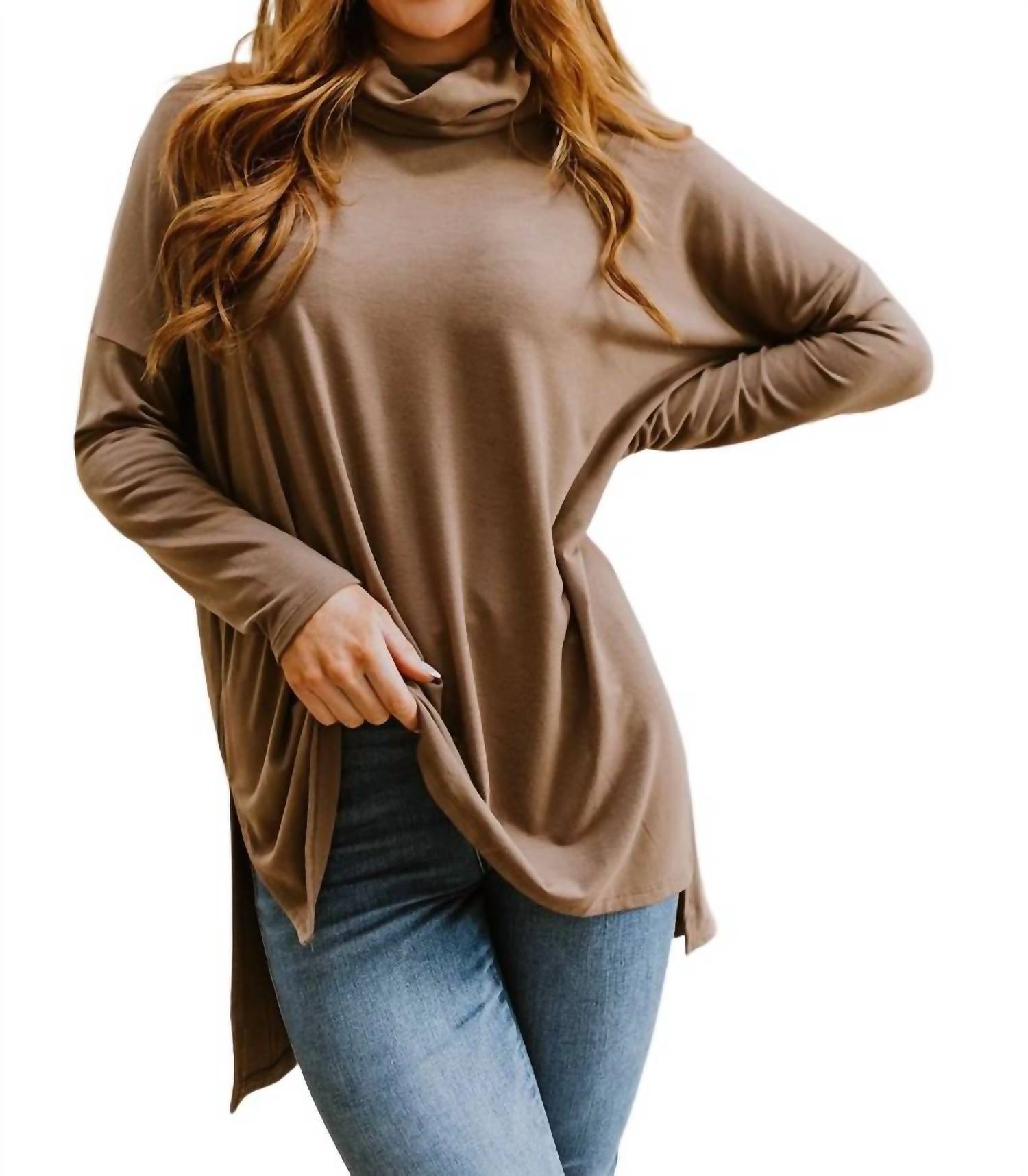 

Комфорт First Cowl Neck High-Low Длинный рукав Топ Коричневый ZENANA
