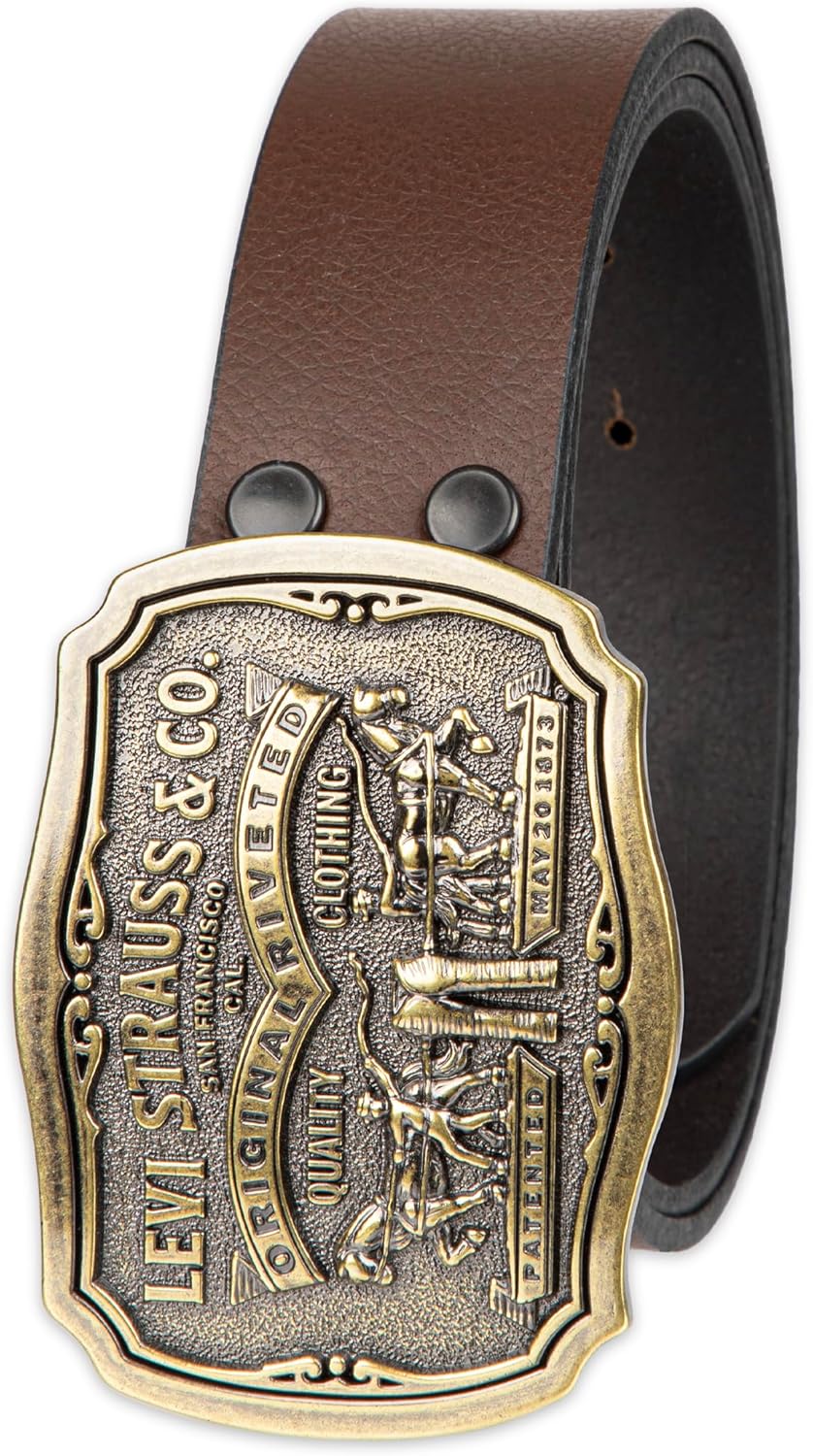 

Мужской кожаный ремень Levi's для джинсов со съемной пряжкой-пластиной - большая пряжка, ковбойский ремень, Brown Classic