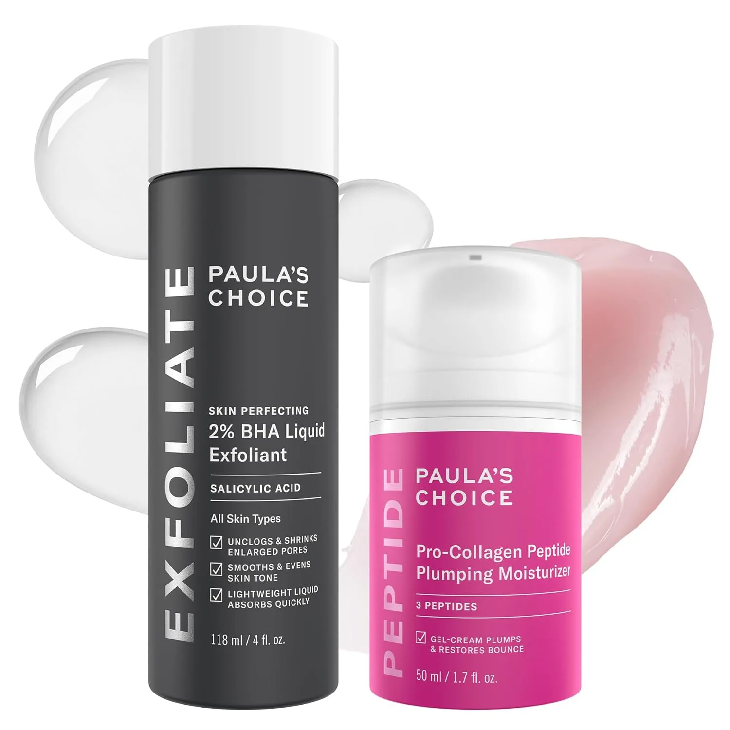 Paula's Choice SKIN PERFECTING 2% BHA Liquid Exfoliant, салициловая кислота для пор и Pro-Collagen Peptide Plumping Moisturizer, ежедневный гель-крем для увлажнения