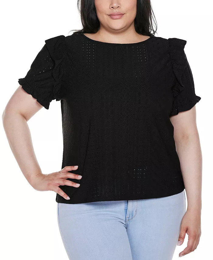 

Топ с рукавами-рюшами и ажурной вязкой Plus Size Belldini, черный
