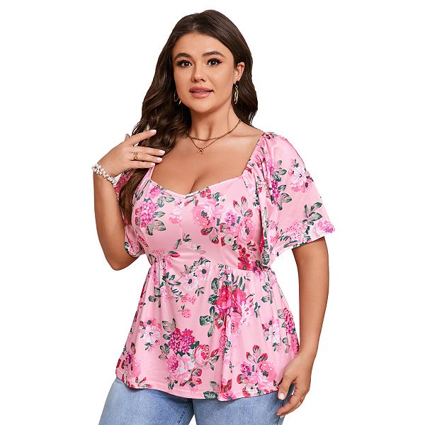 

Туника летняя для женщин Plus size с вырезом sweetheart, коротким рукавом и рюшами Elitespirit, Pink Flower, Розовый, Туника летняя для женщин Plus size с вырезом sweetheart, коротким рукавом и рюшами Elitespirit, Pink Flower