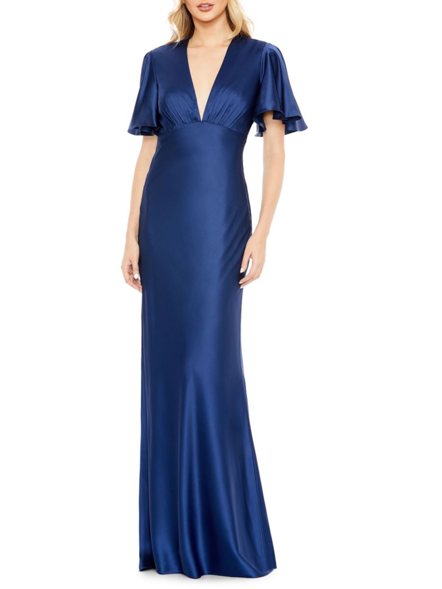 

Платье-труба из атласа с развевающимися рукавами Mac Duggal, цвет Sapphire