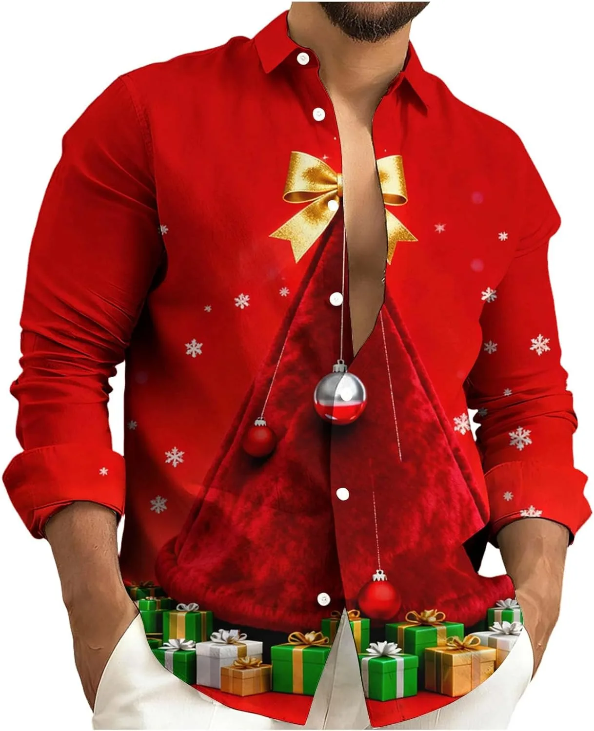 

Мужская рождественская рубашка с принтом в виде елки, блестящая, на пуговицах