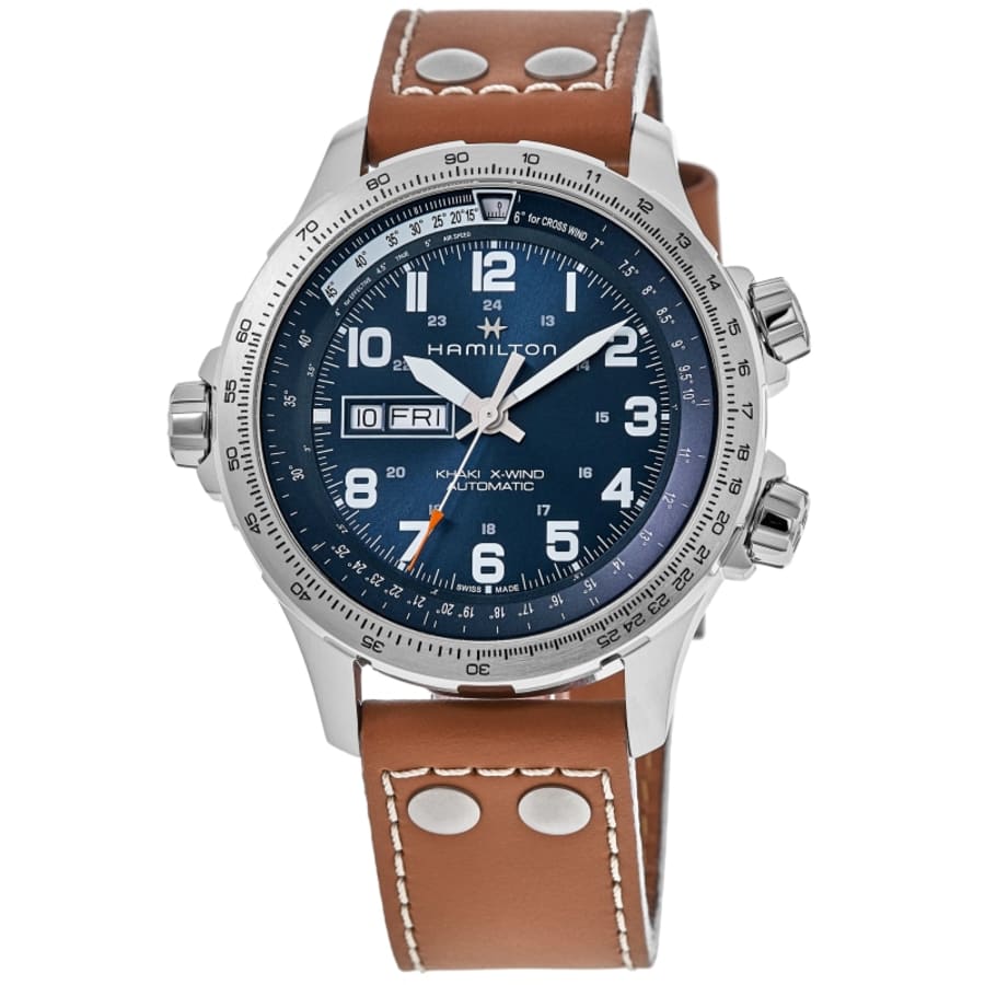 

Мужские часы Hamilton Khaki X-Wind Day Date Auto с синим циферблатом и коричневым кожаным ремешком H77765541